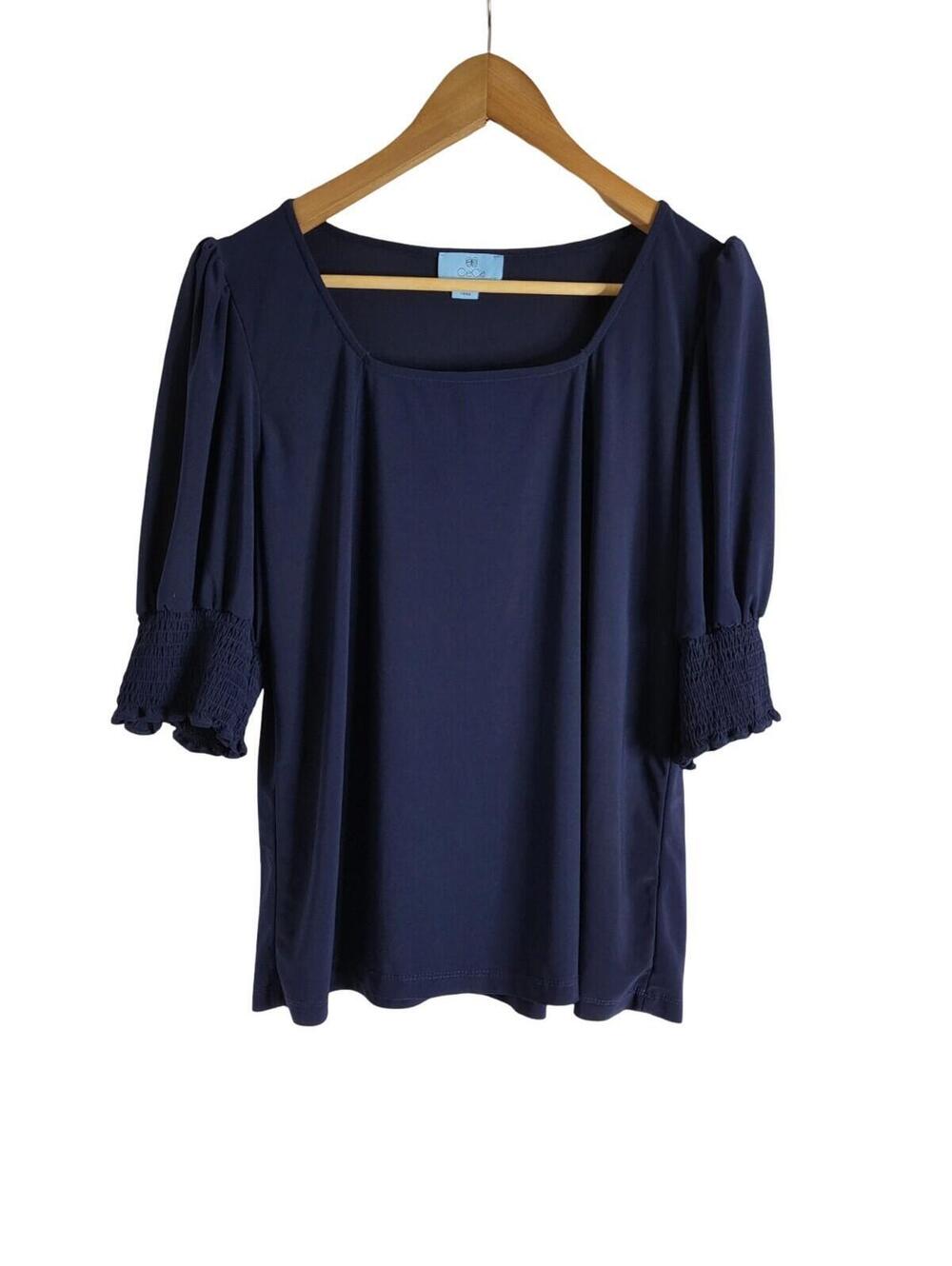 Cece Navy Blue Distinctive Smocked Elbow Length Sleeves Blouse Size XL